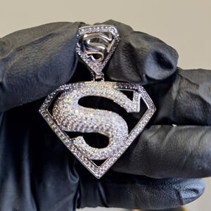 Silver Filler Superman Moisanite Pendant (PASSES DIAMOND TESTER)